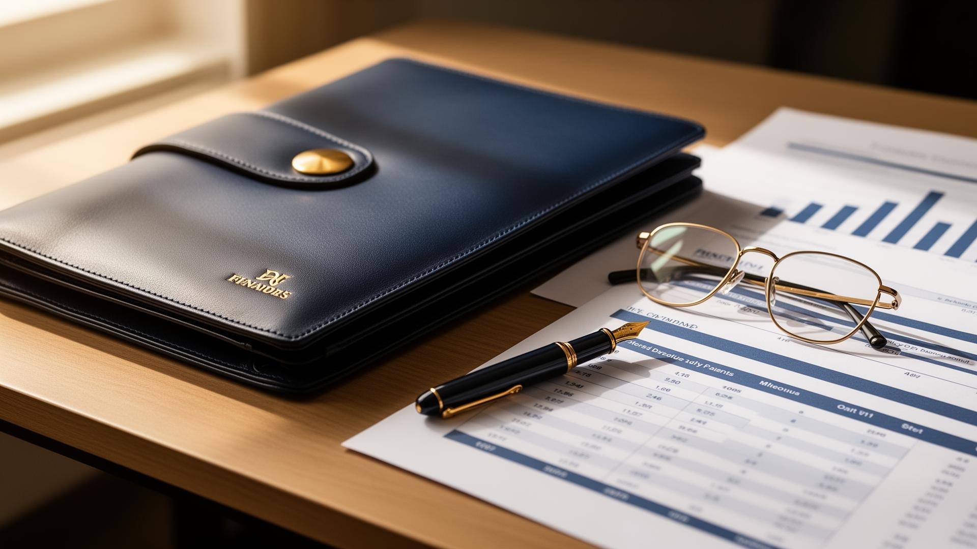 Premium accounting workspace with leather portfolio and financial reports